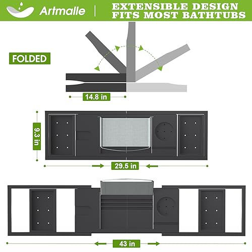 Artmalle Bathtub Caddy Tray - Expandable and Foldable Bath Tray for Tub, Luxury Bamboo Bath Caddy Tub Table, Bathtub Accessories with Book Holder and Free Soap Dish, Black