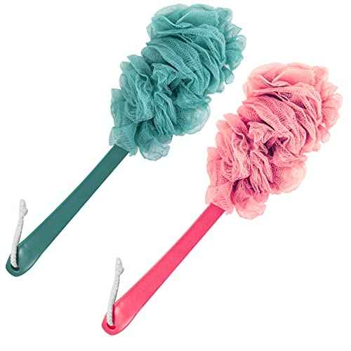 2Pack Back Scrubber for Shower, Loofah Sponge Brush Exfoliating Body, Long Handle Scrub Brush for Shower with Loofah on a Stick for Back Use, Bathing Accessories Body Brushes (2Pack)