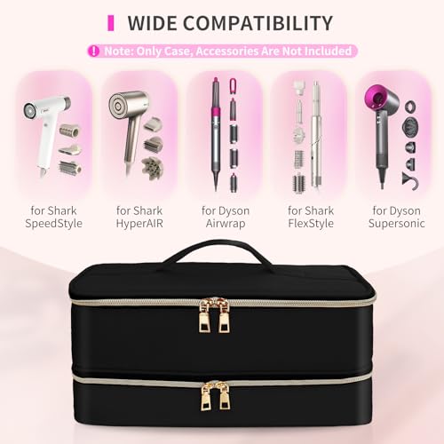 Double-Layer Water Resistant Travel Carrying Case for Hair Dryer/Shark Flexstyle/Dyson Airwrap and Hair Styler Attachments, Jet Black(Bag Only)