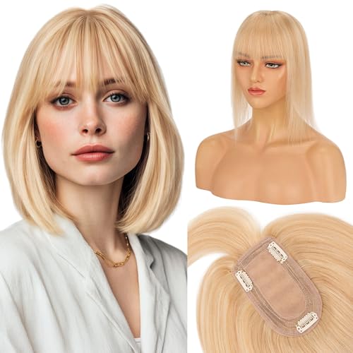 S-noilite Human Hair Toppers for Women with Bangs 100% Real Human Hairpiece 5"x3" Clip in Silk Base Topper Piece Cover Thinning Fine Hair 12 inch Camel Brown Highlighted Blonde