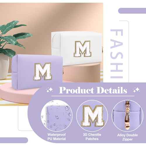 Personalized Makeup Bag Initial A-Z Preppy Patch Bag,Small PU Leather Travel Cosmetic Bag Pouch with Zipper,Purple Cute Toiletry Bag,Gift Ideal for Teen Girls Women Birthday Friend Mom,Latter M