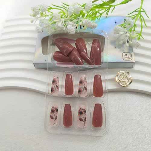 Medium Press On Brown Glossy Glue On Nails - 24Pcs Winter Fall Acrylic False Nails with Floral Designs