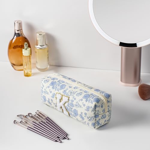 JOVAKIT Small Alphabet Makeup Bag Cosmetic Bag for Women, Christmas Gifts for Girls, Floral Flowers Coquette Travel Toiletry Bag, Zipper Make Up Pouch Organizer Bag Trendy Stuff (Blue Floral K)