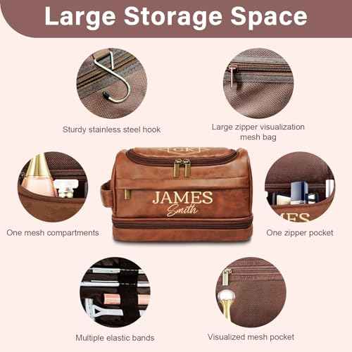 Personalized Toiletry Bag for Men, Gifts for Men, Christmas, Custom Leather Travel Bag Shave Kit, Engraved Pattern Text, Ideal Gift for Him, Dad, Groomsmen, Birthday, Anniversary, Father, Son, Husband