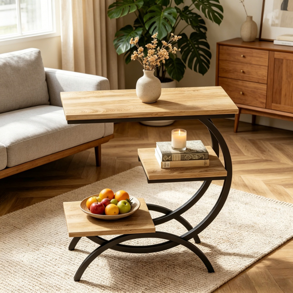 Chic C-Shape End Table with 3-Tier Storage - Rustic Brown