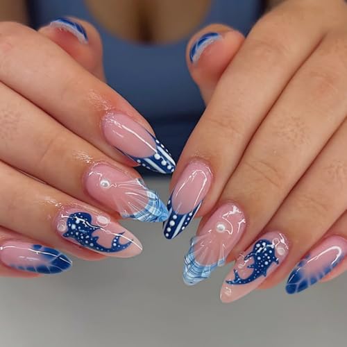 Almond Press on Nails Medium French Tip Fake Nails with 3D Pearl Drip Gel Summer Glue on Nails Blue Shark False Nails Ocean Whale Artificial Stick on Nail Cute Acrylic Nail for Women Manicure 24Pcs