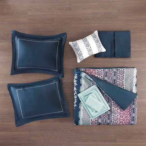Queen Boho Comforter Set with Bed Sheets - Navy
