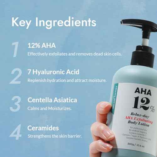 V11FACTORY AHA 12% Glycolic Acid Body Lotion ? Korean Exfoliating & Hydrating Body Cream with Hyaluronic Acid & Collagen ? Unscented, Paraben-Free Skin Smoothing Moisturizer, 10.6 oz