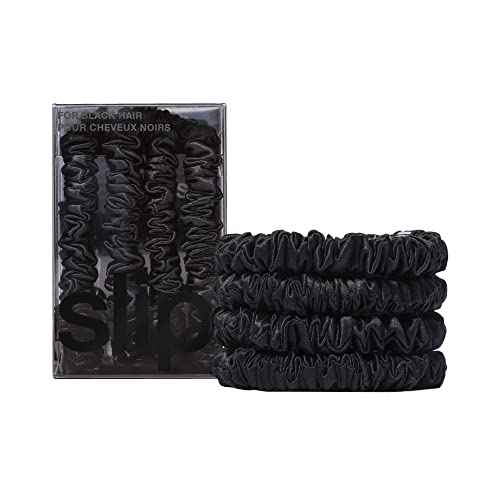slip Silk Skinny Scrunchies - Black | Set of 4 Skinny Scrunchies | 100% Mulberry Silk, Anti-Crease, Gentle on Hair, Reduces Breakage | Stylish & Durable, Ideal for All Hair Types