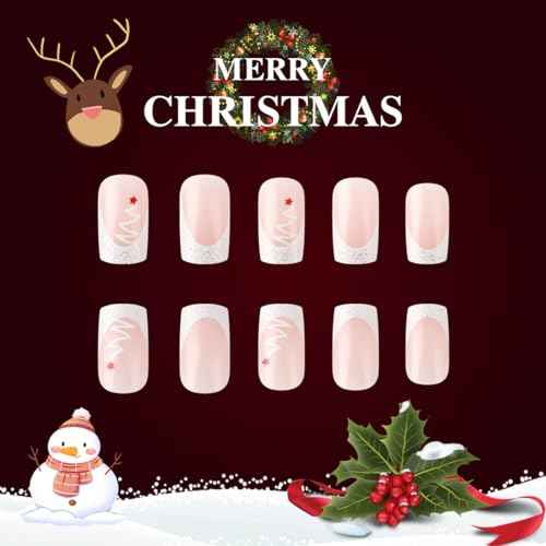 24 Pcs Christmas Pink Press on Nails Short Square - SHANRUN Xmas White French Fake Nails Press ons Nail Art Tip Glue on Nails Full Cover Artificial Acrylic False Nails with Christmas Tree Fruit Design