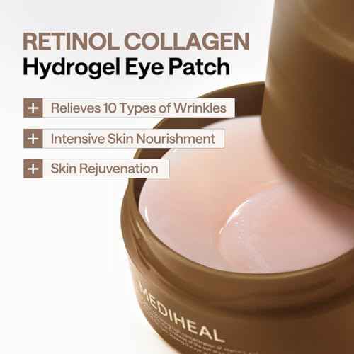 Mediheal Retinol Collagen Under Eye Patches - Korean Hydrogel Eye Pads (60 patches) with 95% Retinol & 5 Micro Collagen. Nourishing & Non Irritating Eye Gel Mask. Sealing Cap & Spatula Included.