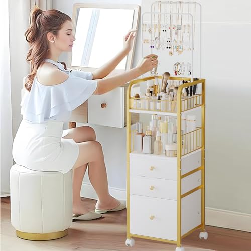 Makeup Organizer Cart with 3 Drawers, Jewelry Organizers and Storage for Earring Necklace, Large Vanity Storage Organizer for Skin Care Perfume Make up Brush Nail Polish Hair Tool (Gold)