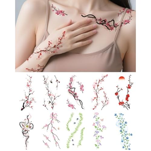 10 Sheets Flower Temporary Tattoos Floral Fake Tattoo Stickers Adult Floral Tattoo Sticker, Fake Tattoos That Look Real And Long Lasting Tattoo Sticker Waterproof Girls Tattoos
