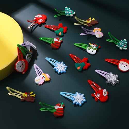 30PCS Christmas Hair Clips for Girls Women, Santa Claus Christmas Tree Bells Reindeer Snowman Snowflakes Stockings No Slip Snap Hair Pins Hair Accessories