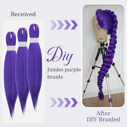 26 inch Long Purple Braiding Hair Pre Stretched Synthetic Braiding hair Extensions for Braids, Purple Hair Extensions for Stage Party Halloween Costume Cosplay
