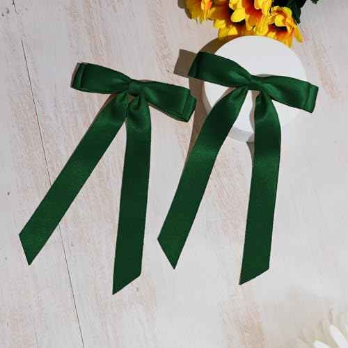 2PCS Dark Green Hair Bows Solid Satin Polyester Ribbon Bow Hair Clips Ponytail Big French Hair Barrettes with Long Tail Wedding Dress Decor Hair Accessories for Women Toddler Teen Girls