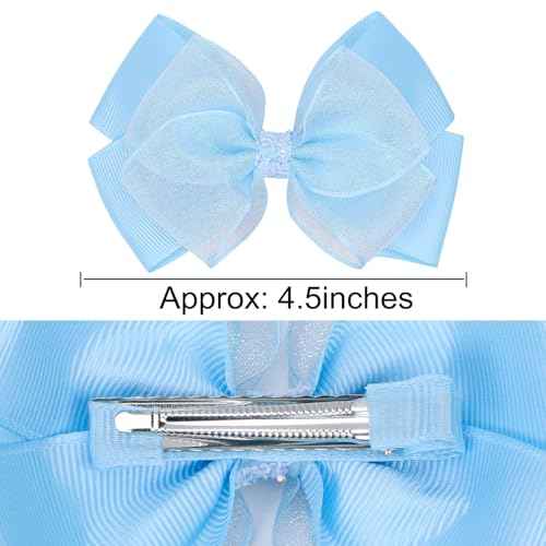 Glitter 4.5-Inch Hair Bows Organza Alligator Clips, Sequin Delicate Double Silver Thread Woven Mesh Hair Accessories for Girls, Toddler, Kids and Women Birthday Wedding - Set of 2 (Light Blue)
