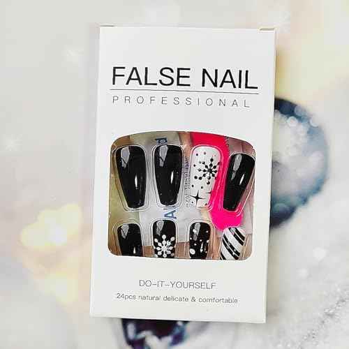 24Pcs Christmas Press on Nails Medium CEWEWP Coffin Snowflake Fake Nails Black Full Cover Acrylic Nails with Design Artificial Nails Xmas False Nails Black Flame Stick on Nails for Women