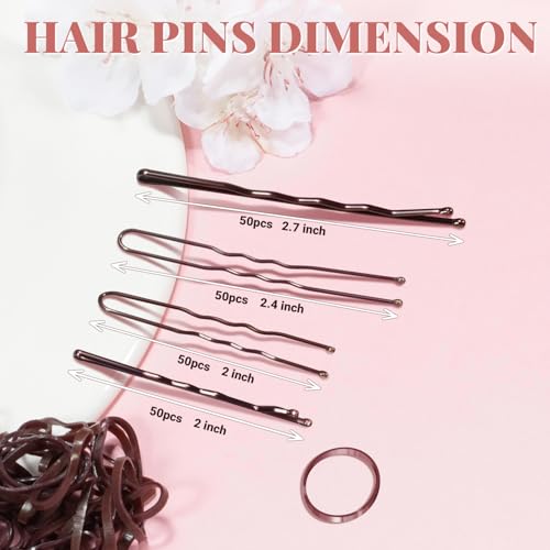 415pcs Bobby Pins Hair Pins Set, IKOCO 200pcs U Shaped Pins & Elastic Hair Ties for Women with Hair Net, Brown