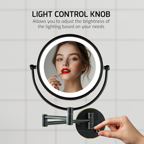OVENTE Wall Mounted Lighted Makeup Vanity Mirror, 9" Hard Wired Double Sided 1X/7X Magnifying Bathroom Mirror, Dimmable LED Lights, 360¡Æ Rotation and 14" Extendable Arm, Rubbed Bronze MPWD3185BZ1X7X