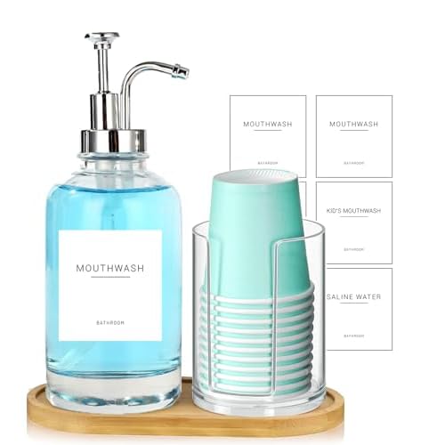 17OZ Mouthwash Clear Glass Pump Dispenser with Disposable Mouthwash Cups Holder Refillable Clear Container with Bamboo Tray, Mouthwash Labels