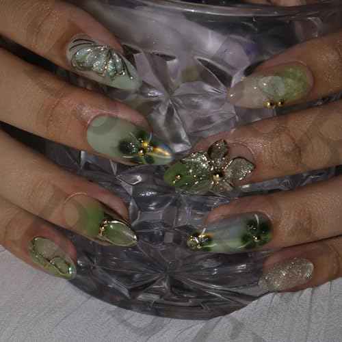 30Pcs Green Press on Nails Butterfly with Gold Vine Designs 3D Floral Fake Nails Medium Almond False Nails Flower Stick On Nails Handmade Spring Nail Art for Holiday, Vacation, Gift, Nail Kit