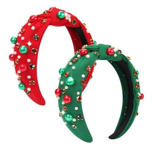 2 Pcs Christmas Headband for Women Pearl Knotted Headband Red Green Pearl Rhinestone Crystal Jeweled Hairbands Fashion Ladies Hair Band Hair Hoop Accessories Holiday Outfits Headpiece (Red and Green)