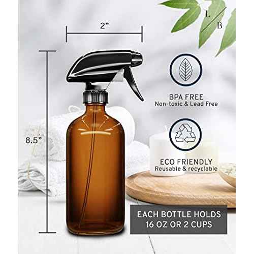 LiBa Amber Glass Spray Bottles 2 Pack, 16 oz Refillable Empty Spray Bottle for Cleaning, Essential Oils, Hair, Plants, Adjustable Nozzle for Squirt and Mist, Bleach/Vinegar/Rubbing Alcohol Safe
