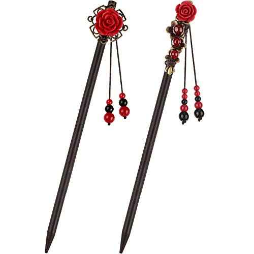 WILLBOND 2 Pieces Chinese Wooden Hair Sticks Retro Wooden Hairpins Japanese Classic Hair Chopsticks Handmade Flower Accessories for Women(Classic Style)
