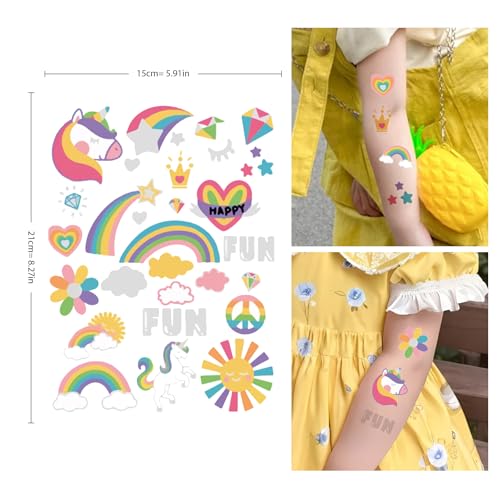 Temporary Tattoo for Kids Unicorn Rainbow Flower,120 Pcs Cute Crown Unicorn Clouds Waterproof Groovy Fake Tattoos Body Face Tattoos Stickers Happy Birthday Party Decorations Gifts for Girls Boys 560