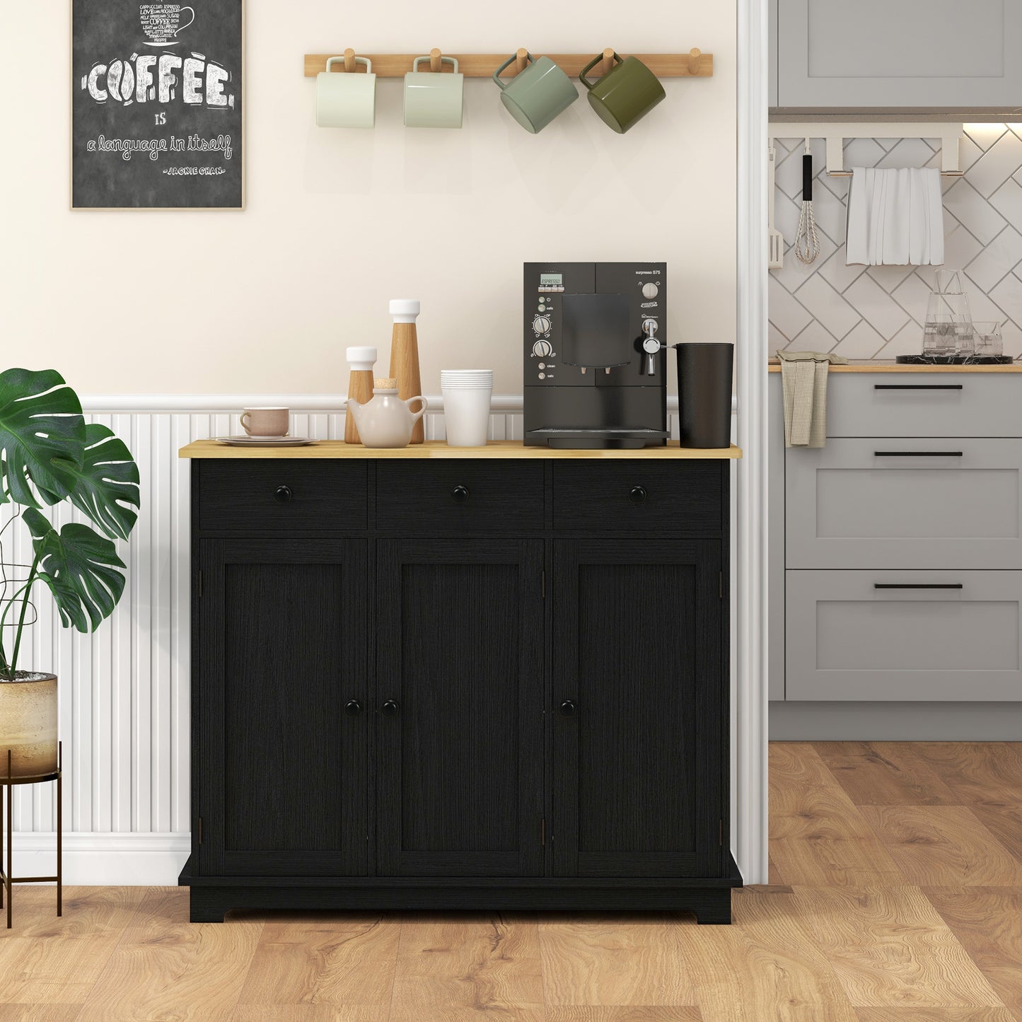 Kitchen Storage Cabinet with Solid Wood Top, 3 Drawers, Black