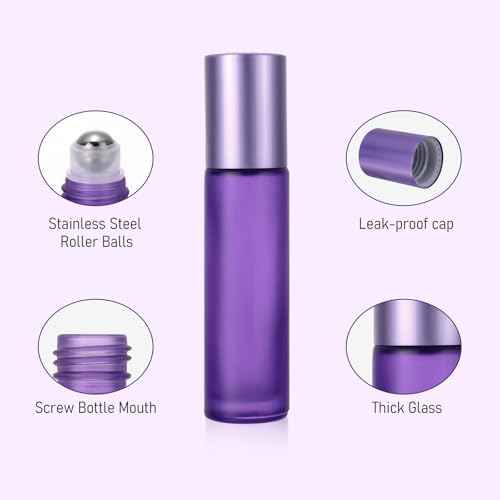Kesell 10-Pack 10ml Glass Roller Bottles for Essential Oils - Travel- (3.34x0.78inch), Stainless Steel Roll-On Balls, Leak-Proof Caps - Refillable Perfume, Aromatherapy Bottles