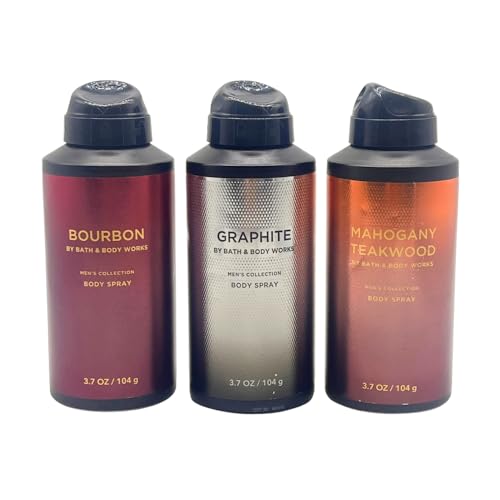 Bath and Body Works Men's Collection Deodorizing Body Spray - Mahogany Teakwood, Graphite, and Bourbon 3.7oz each 3-piece Gift Set with a Red Bow for Holidays