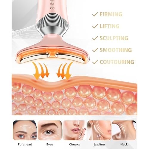 9-in-1 Red-Light-Therapy-for-Face-and-Neck, Portable Facial Massager Tool with Adjustable Vibration & Thermals for Wrinkles, Double Chin, Pink