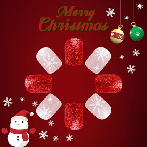 24 Pcs Christmas Press On Nails Short Square -ZIFANHU Red Glitter Fake Nails Press Ons Nail Tips Glue on Nails Christmas Snowflake Design Full Cover Acrylic False Nails Stick on Nails for Women