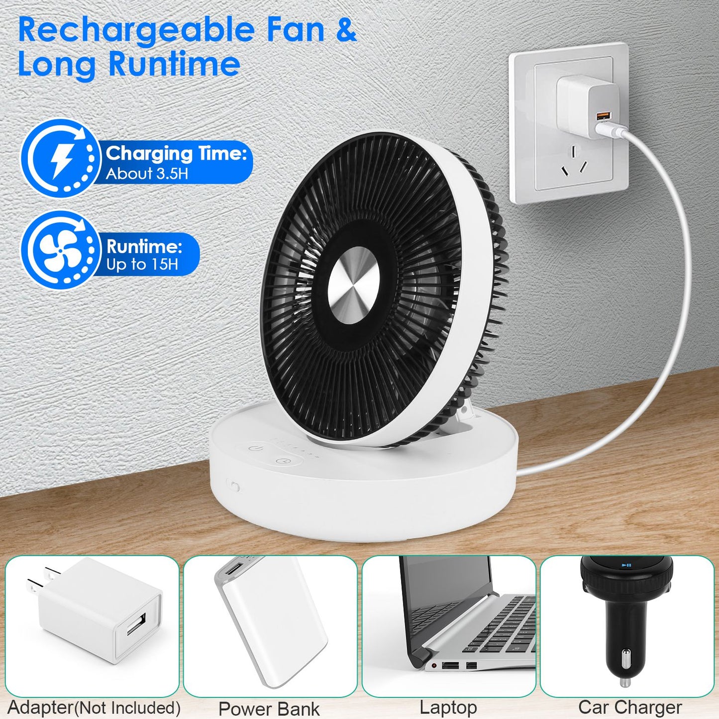 Rechargeable LED Desk Fan with Remote - 4 Speeds & 2 Brightness