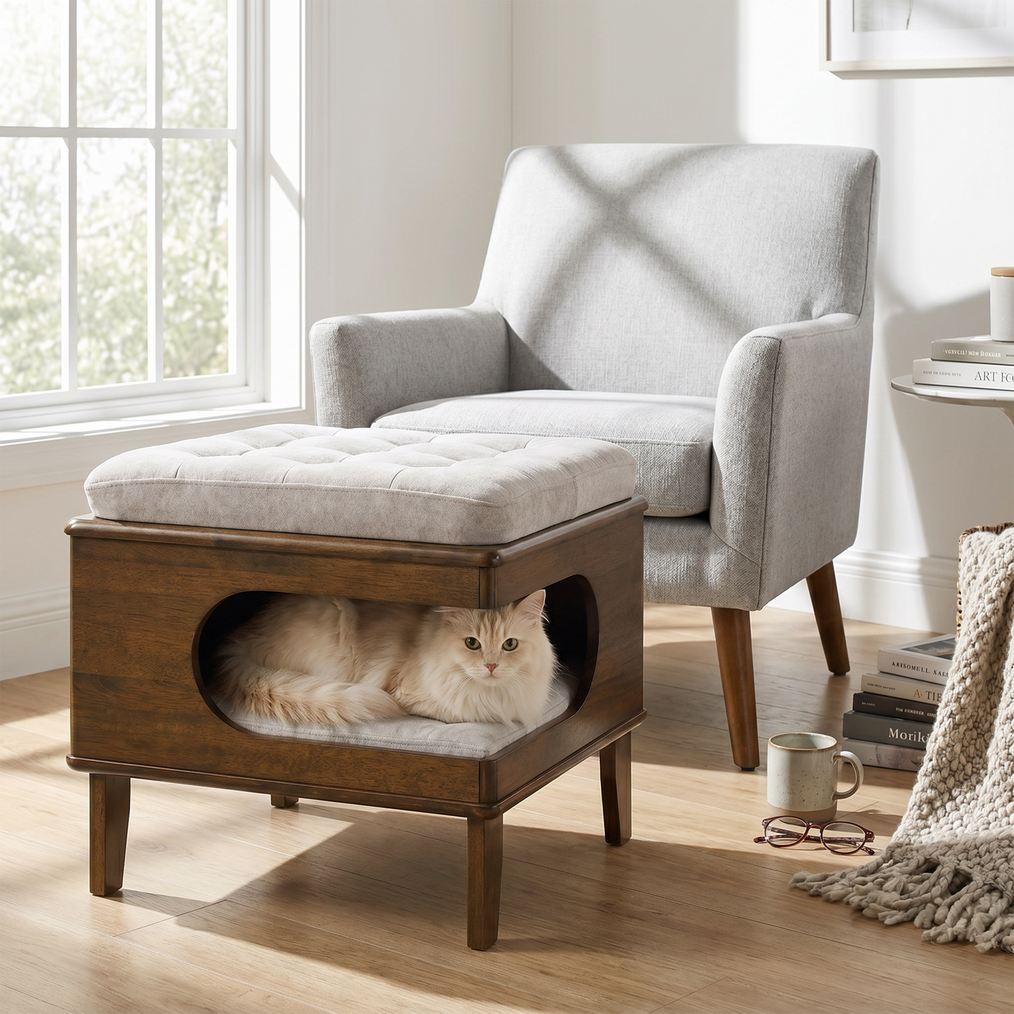 Rubber Wood Cat Bed Ottoman with Cat Cave - 2-in-1 Tufted Pet Footstool, Walnut Finish