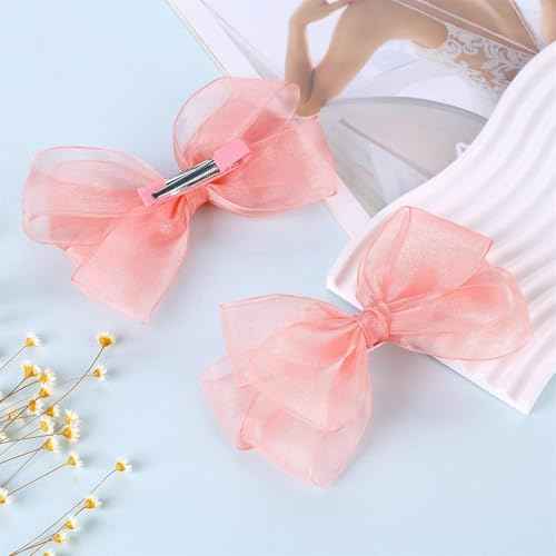 Large Big 6 Inch Organza Double Hair Bow Clip Party Alligator Mesh Hair Accessories for Women Teens Girls Kids 2 Pcs (Pink)