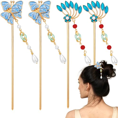4 Pcs Butterfly Pteris Chinese Tassel Hair Sticks Metal Vintage Hair Chopsticks Gold Pearl Hair Pins Hanfu Classical Blue Hair Fork Chignon Hair Jewelry Accessories for Long Hair Women