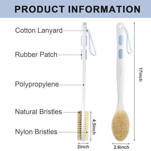 Back Scrubber for Shower with Long Handle, Exfoliating Bath Brush for Body - Double Sided Bristles (Stiff & Soft), Anti-Slip Grip, Lightweight - Gift for Seniors, Includes Lanyard & Hook, Blue