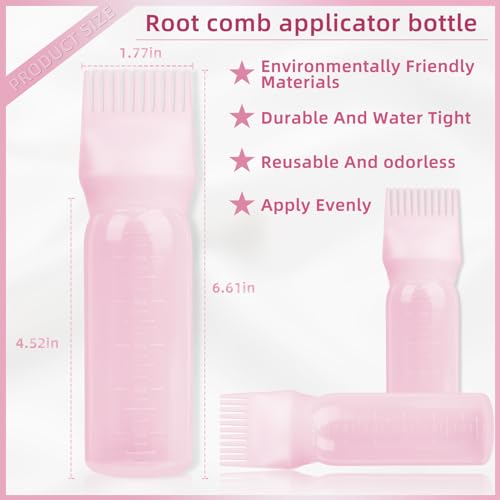 BLAAROOM 2Pack Root Comb Applicator Bottle - 6 Oz Hair Oil Applicator, Dye Bottle Tools with Oil Dispenser & Root Comb Brush - Pink