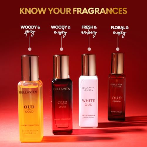 BellaVita Luxury OUD Experience Gift Set (4x20ml) ? Premium Arabic Unisex Perfumes | Includes Gold, Dark & White OUD | Notes of Caramel, Orris, Vetiver & Citrus