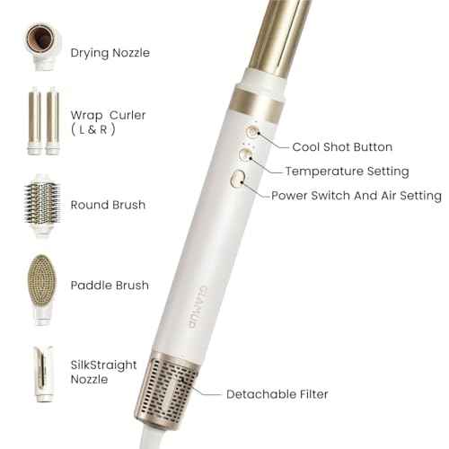 GLAMUP¢ç 6 in 1 Hot Air Styler, Tight Grip, Powerful High Speed Dryer, Volumizer, Blow Dryer Brush, Curling Volumizing Hair Styler Gift Set with Travel Bag