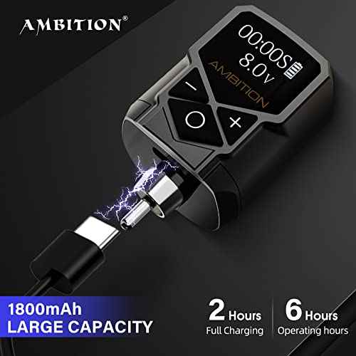Tattoo Power Supply - Ambition Kuark Mini Wireless Portable RCA Tattoo 1800mAh Lithium Battery Pack with LED Digital Display for Rotary Tattoo Machine
