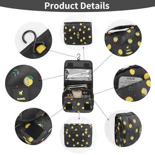 Foldable Hanging Travel Toiletry Bag,Waterproof Portable Travel Bags, Multifunction Travel Makeup Cosmetic Bag Organizer with Hanging Hook (Black Lemon)
