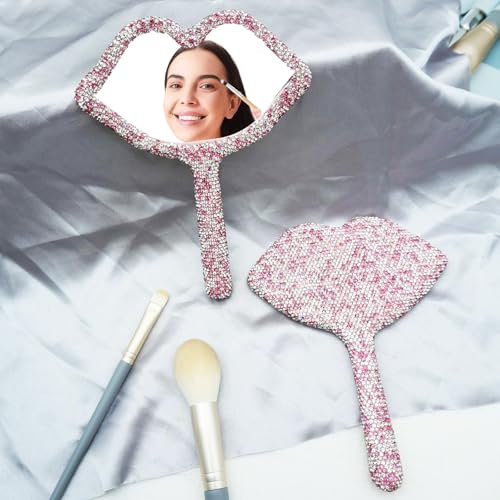 Rhinestone Mirror Handheld Lip Lash Mirrors Sparkle Travel Makeup Mirror with Handle Cosmetic Dazzling Portable for Women, Pink