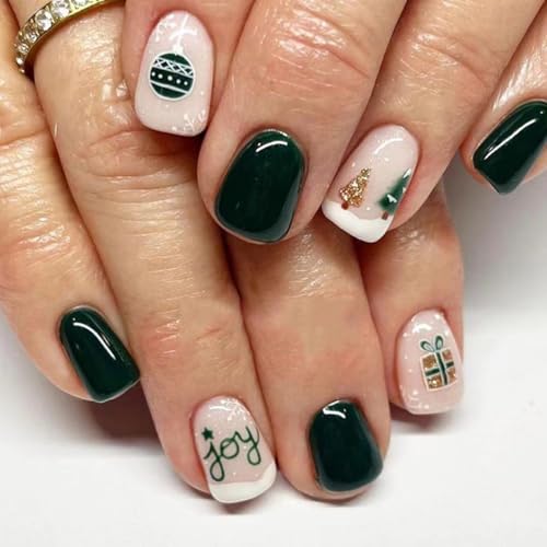 24 Pcs YEFIUO Christmas Green Press on Nails Short Square Xmas Cute Pink Fake Nails Press ons Nail Art Tip Full Cover Acrylic False Nails Glue on Nails Stick on Nail with Christmas Tree Lantern Design