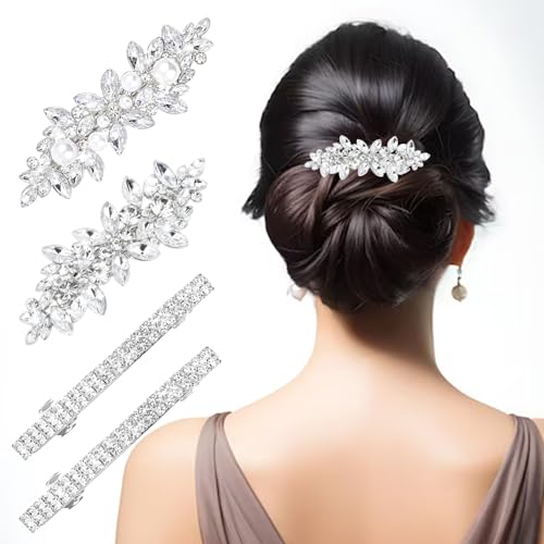 4Pcs Rhinestone Hair Clips for Women Sliver Pearl Flower Hair Barrettes Elegant Crystal Hairpins Bridal Hair Pins Wedding Hair Accessories for Bride Bridesmaid Party