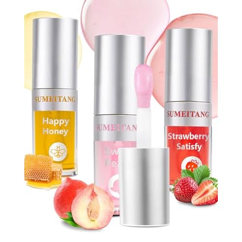 3Pcs Hydrating Lip Oil Set£¬Non-sticky Lip Oils Gloss Lip Balm Lip Care£¬Deeply Nourishing and Repairing Prevents Lips Chapped and Lighten Lip Lines(Honey£¬Peach£¬Strawberry)