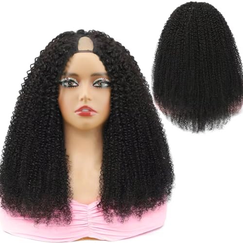 Afro Kinky Curly V Part Human Hair Wigs Human Hair 200% Density Upgrade Afro Curly V Part Wigs With Drawstring Clip In Half V Shape Wigs For Women, Beginner Friendly,Natural Color(16 Inch)